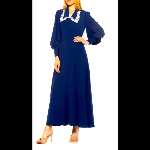 Lace Trim Collar Long Blouson Sleeve Maxi Dress, ALEXIA ADMOR Size: 12
